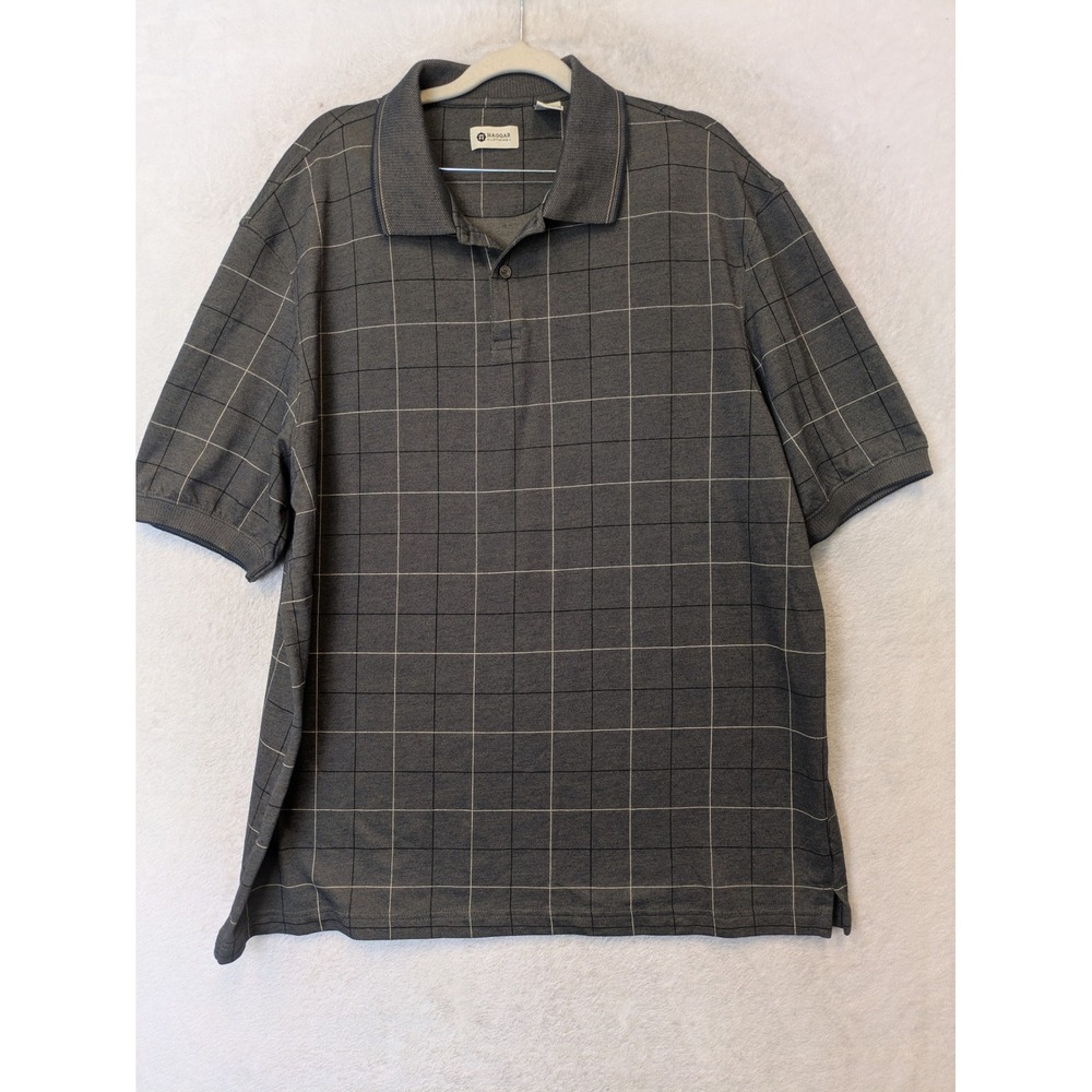 Haggar Polo Shirt Men's XL Blue Gray Windowpane Check‎ Short Sleeve Collared
